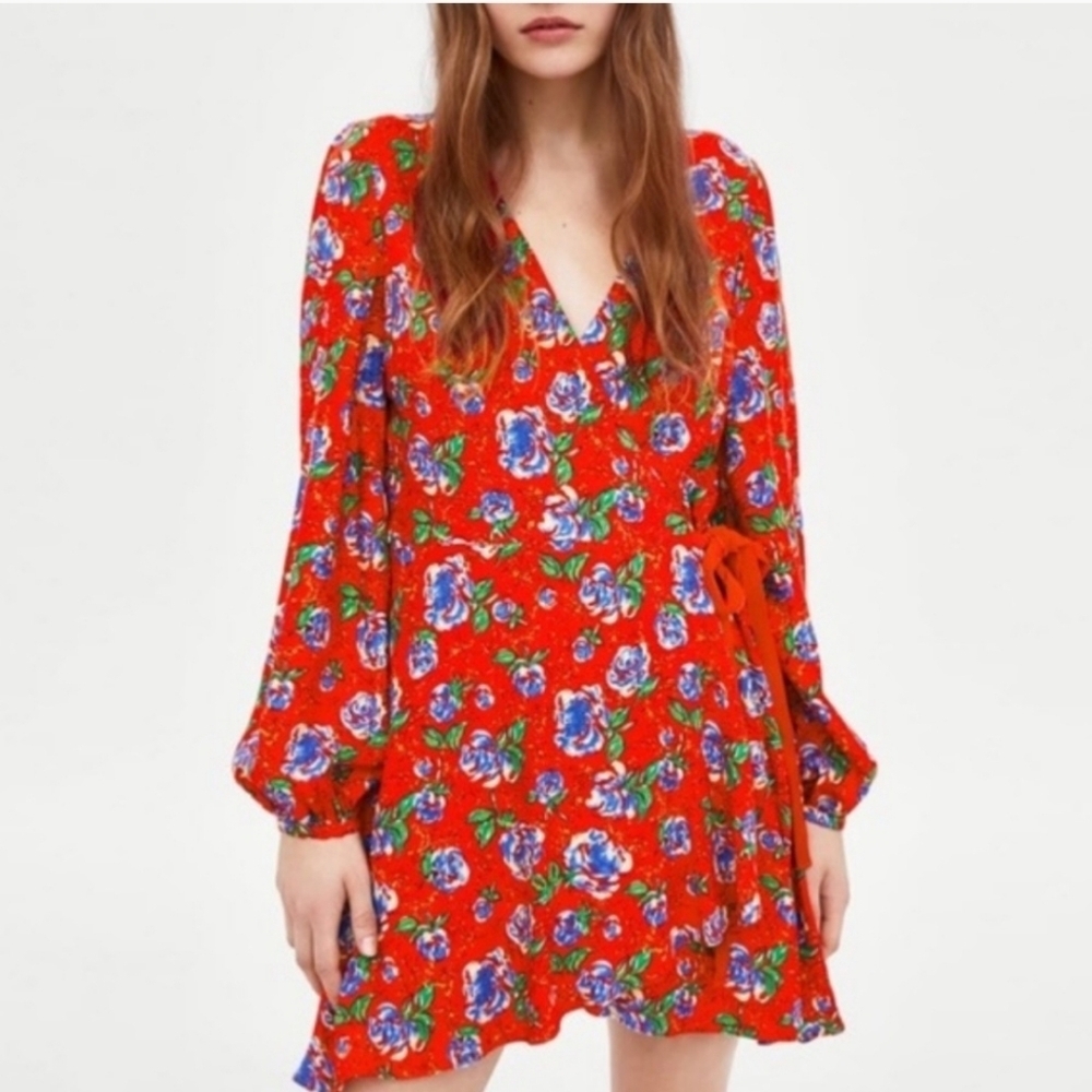 Zara Red Floral Long Sleeve Romper Dress